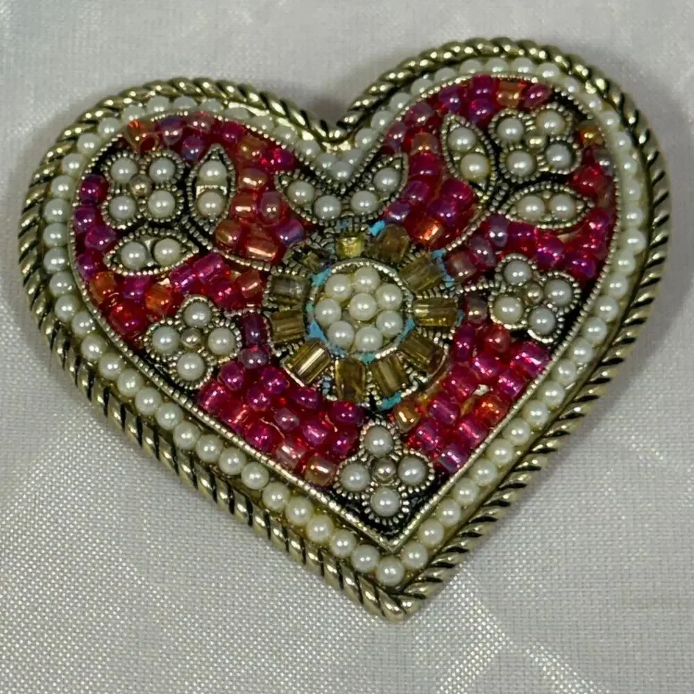 Liz Claiborne Heart Brooch Red Mosaic Rhinestone Faux Pearl Pin